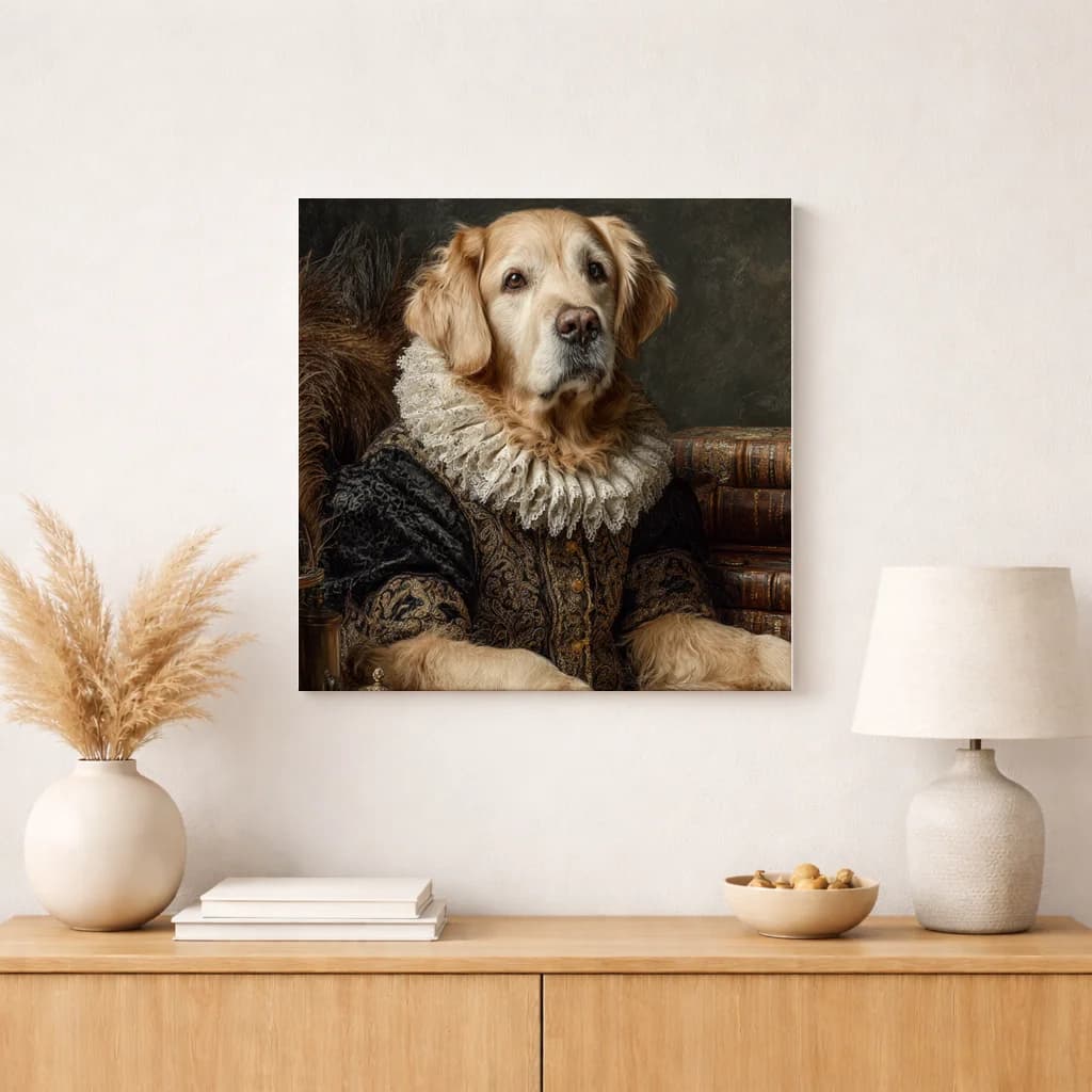 Renaissance golden retriever portrait on a canvas print
